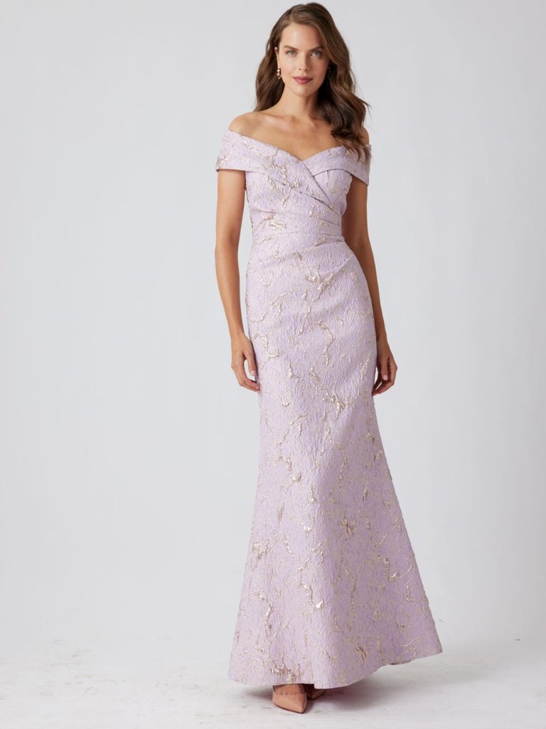 Brand New Size 8 Teri Jon Off-Shoulder Portrait Gown, Lilac/Gold